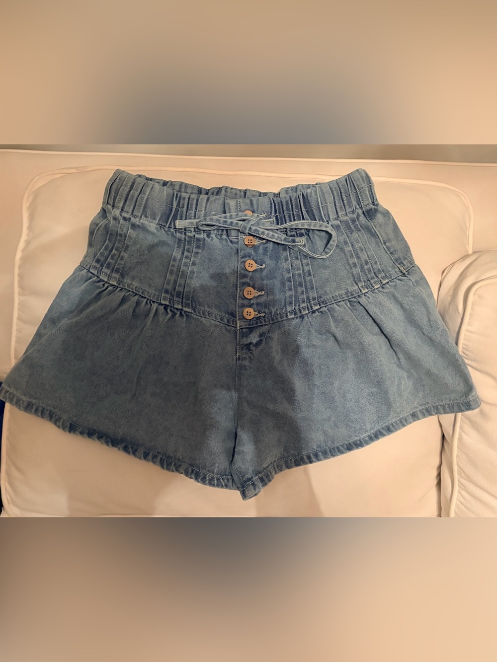 Adorable Premium Boutique High-Waist Denim Ruffle Shorts - Light Blue, worn once